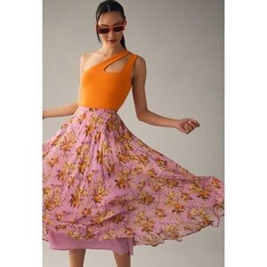 By Anthropologie Circular Maxi Skirt Purple Floral Flowy Ruffle Size 10 EUC!!